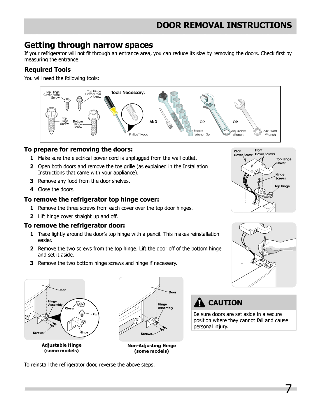 Frigidaire 242063600 important safety instructions Door Removal Instructions Getting through narrow spaces, Required Tools 