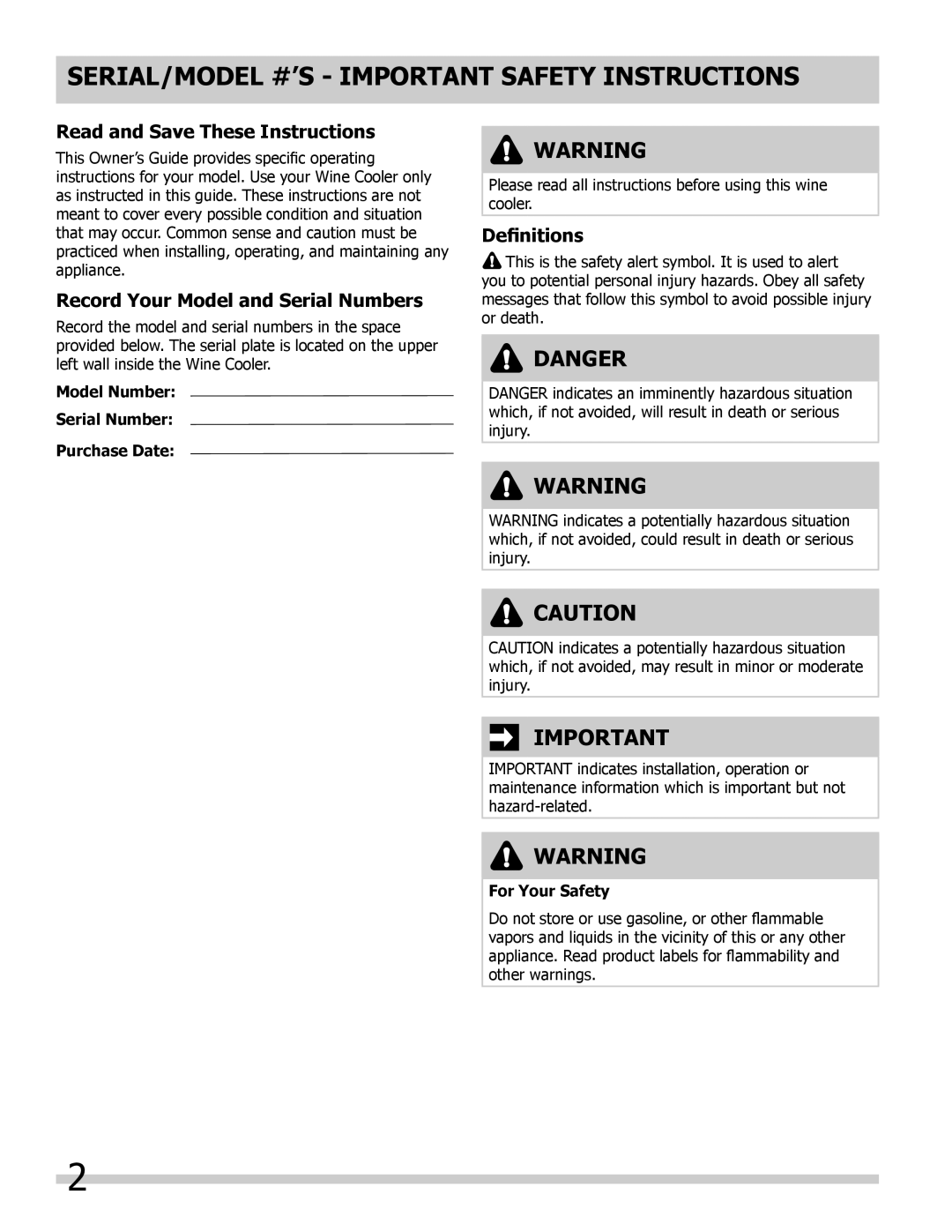 Frigidaire 242101800 SERIAL/MODEL #’S Important Safety Instructions, Read and Save These Instructions, Definitions 