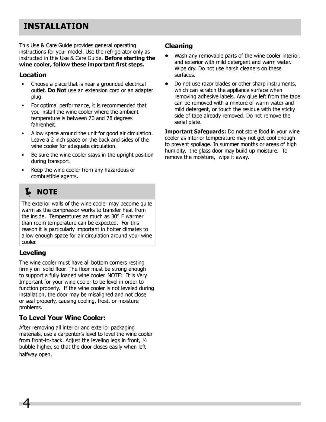 Frigidaire 242101800 important safety instructions Installation, Location, Leveling, To Level Your Wine Cooler, Cleaning 