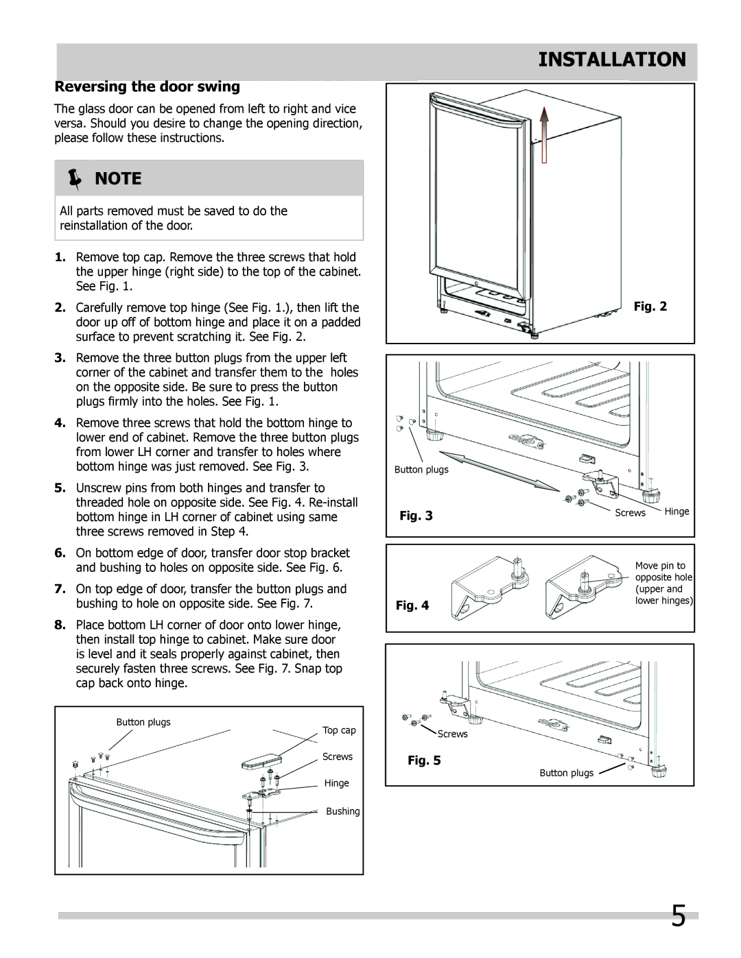 Frigidaire 242101800 important safety instructions Reversing the door swing 