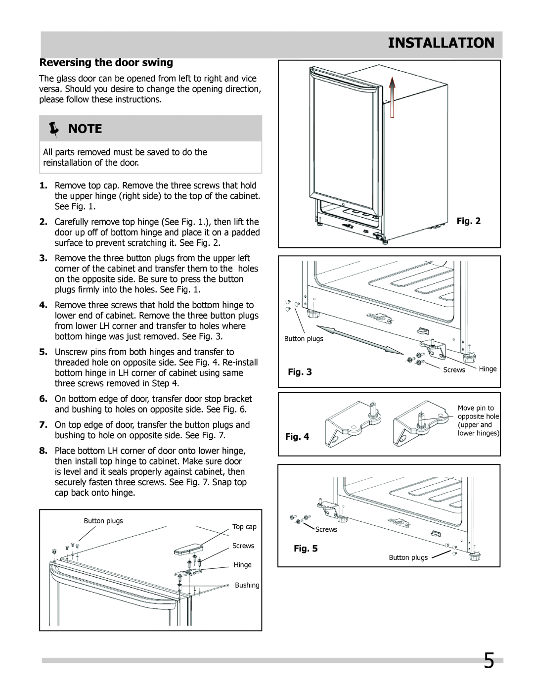 Frigidaire 242101800 important safety instructions Installation, Reversing the door swing, Note, Fig 