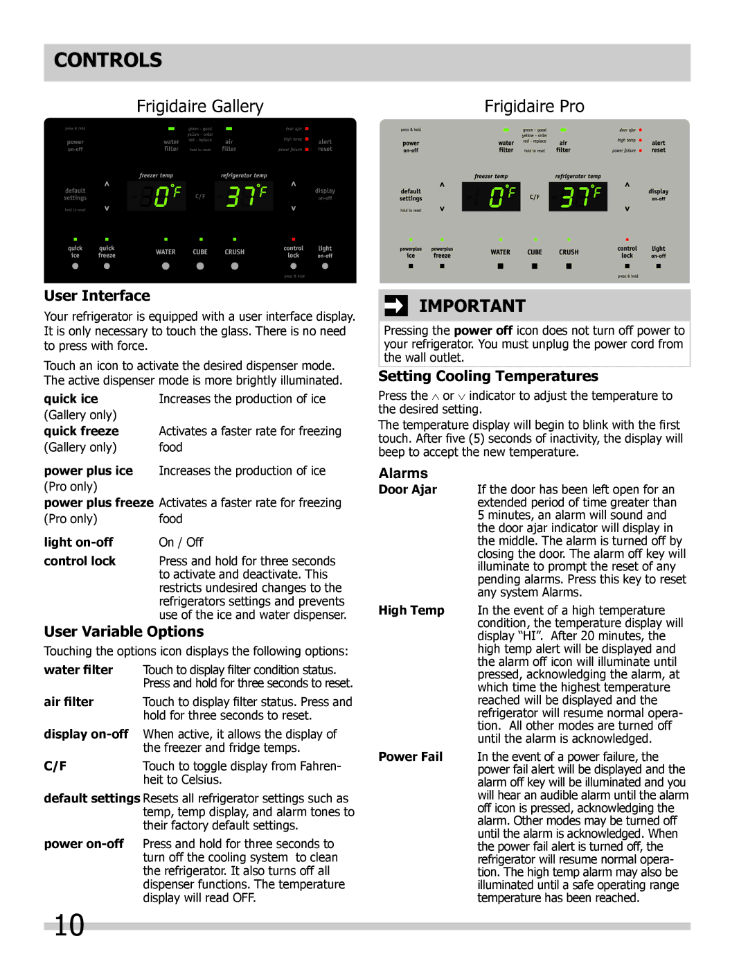 Frigidaire 242108500, FPUS2686LF0 manual Controls, User Interface, User Variable Options, Setting Cooling Temperatures 