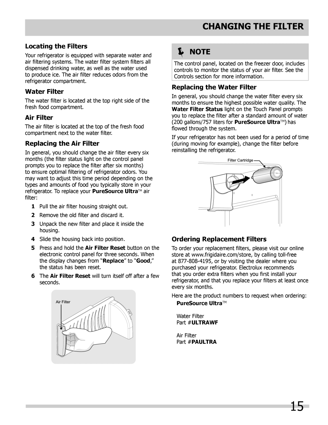 Frigidaire FPUS2686LF0, 242108500 manual Locating the Filters, Replacing the Air Filter, Replacing the Water Filter 