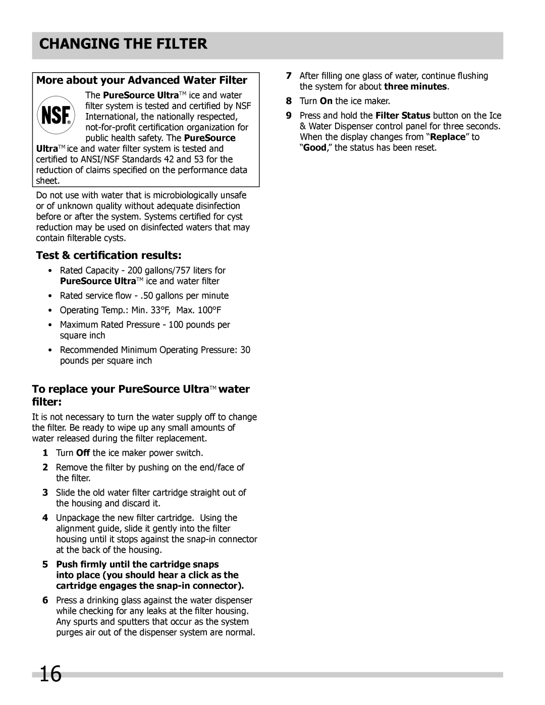 Frigidaire 242108500, FPUS2686LF0 manual More about your Advanced Water Filter, Test & certification results 