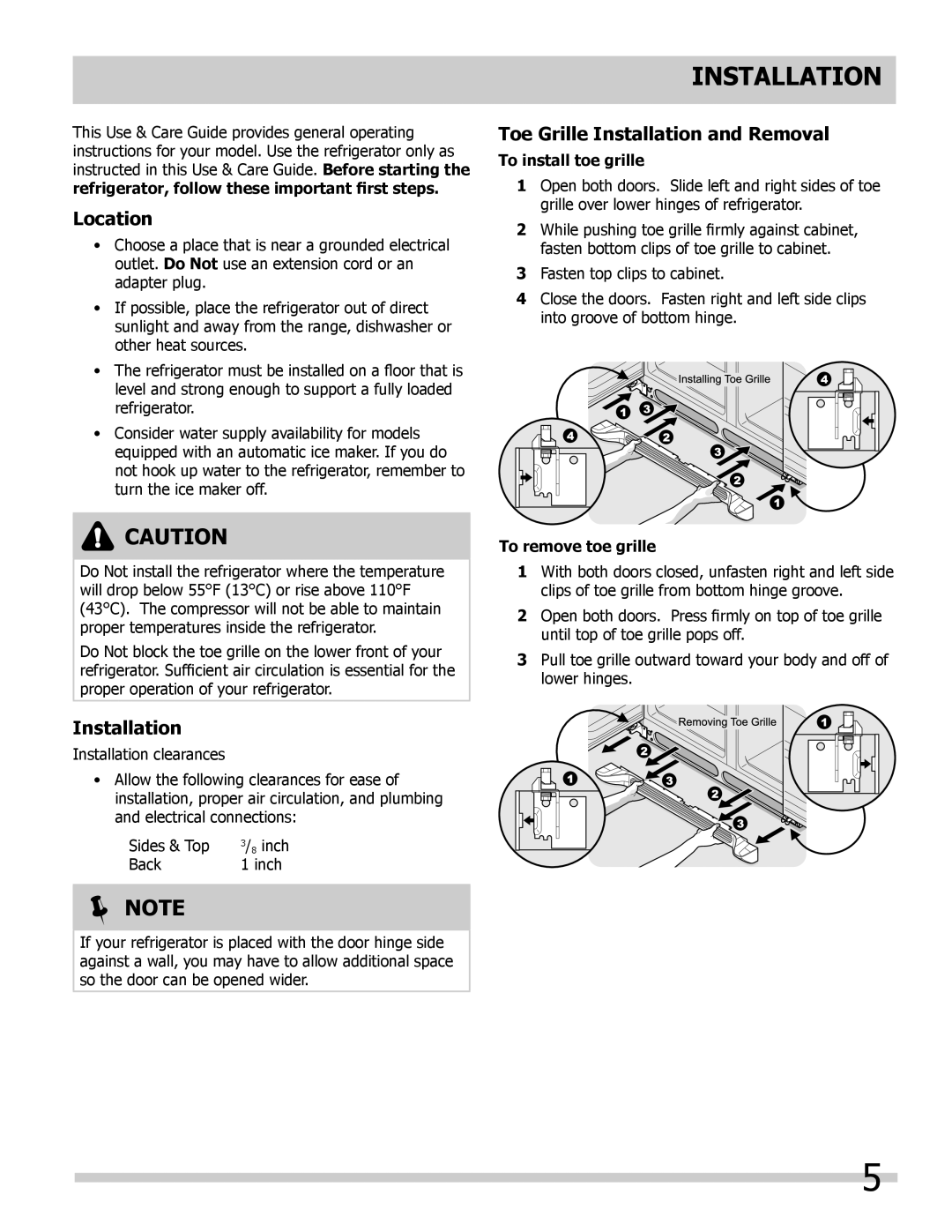 Frigidaire FPUS2686LF0, 242108500 manual Location, Toe Grille Installation and Removal 