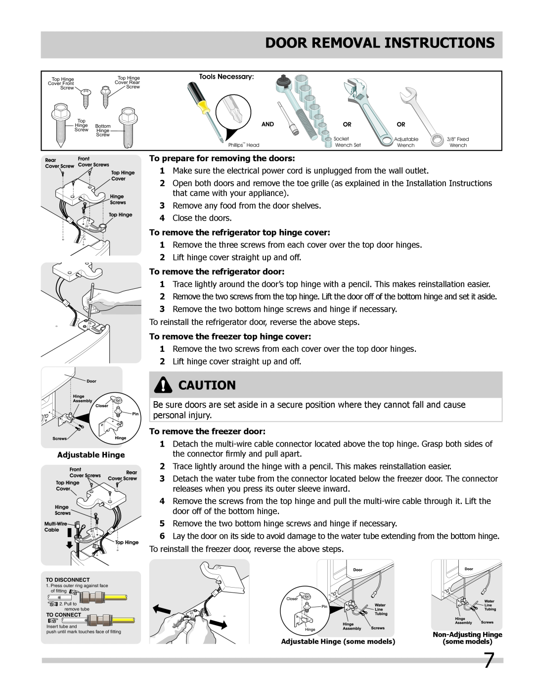 Frigidaire FPUS2686LF0 manual Door Removal Instructions, To prepare for removing the doors, To remove the refrigerator door 