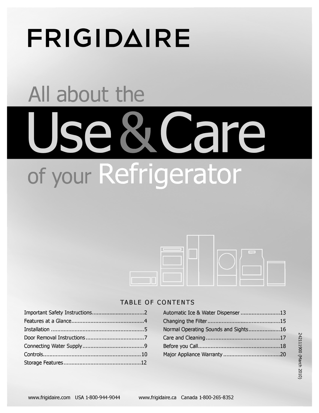 Frigidaire 242111900 manual Use &Care 