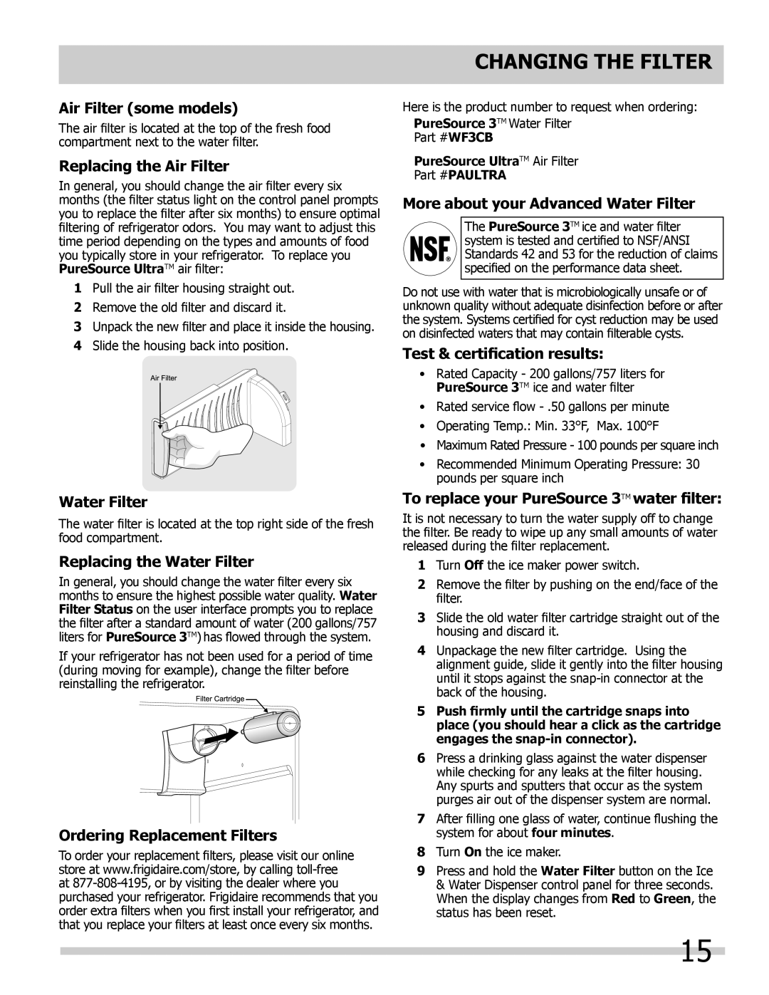 Frigidaire 242111900 manual Air Filter some models, Replacing the Air Filter, Replacing the Water Filter 