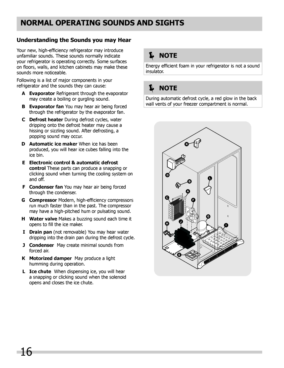 Frigidaire 242111900 manual Normal Operating Sounds and sights, Understanding the Sounds you may Hear 