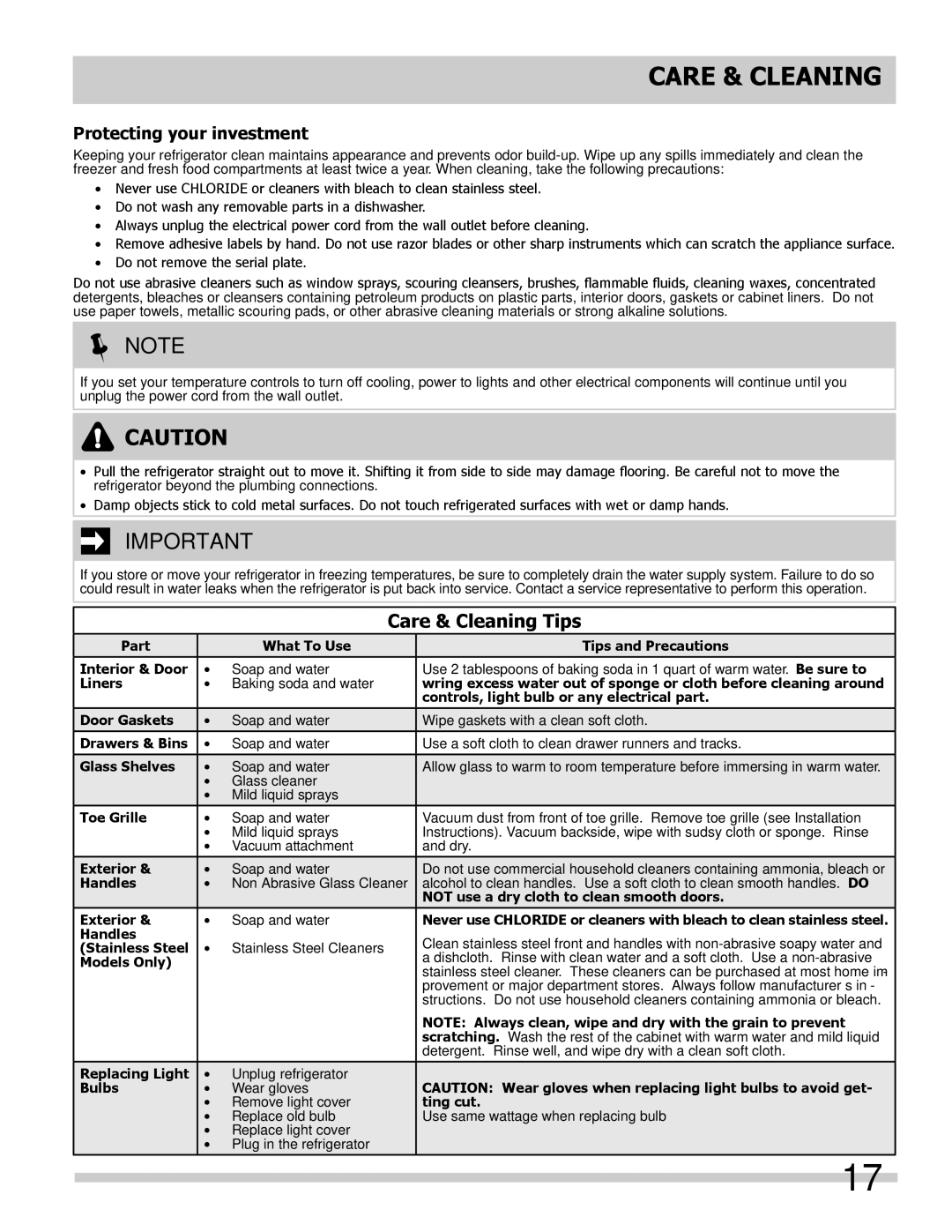 Frigidaire 242111900 manual Care & Cleaning Tips 