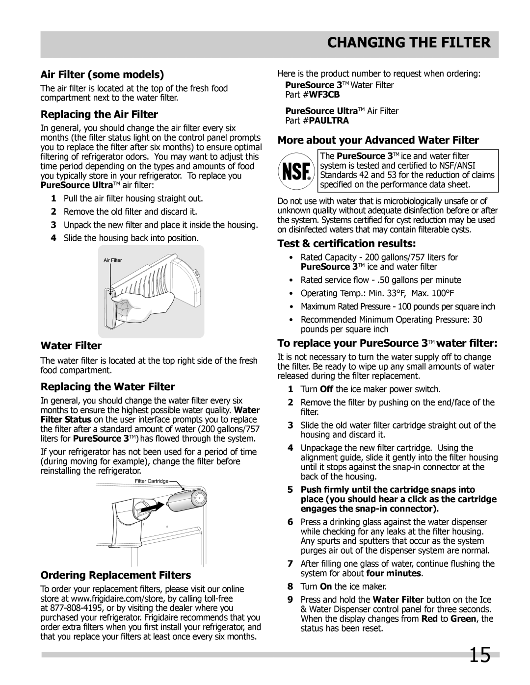 Frigidaire 242111900 manual Changing The Filter, Air Filter some models, Replacing the Air Filter, Water Filter 