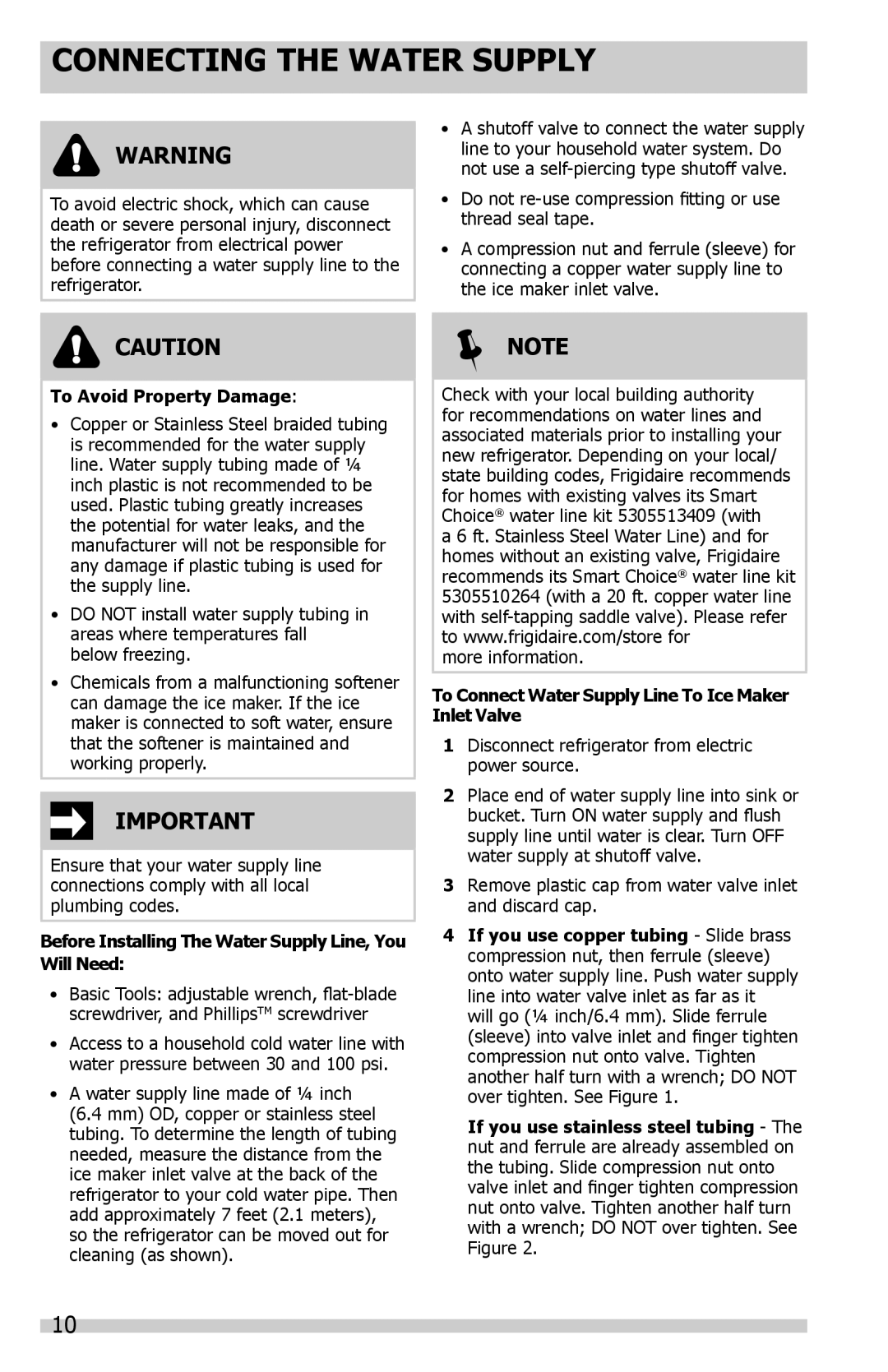 Frigidaire 242288200, FGHC2331PF6, FGHS2655PF, FGHC2331PF0 manual Connecting the Water Supply, To Avoid Property Damage 