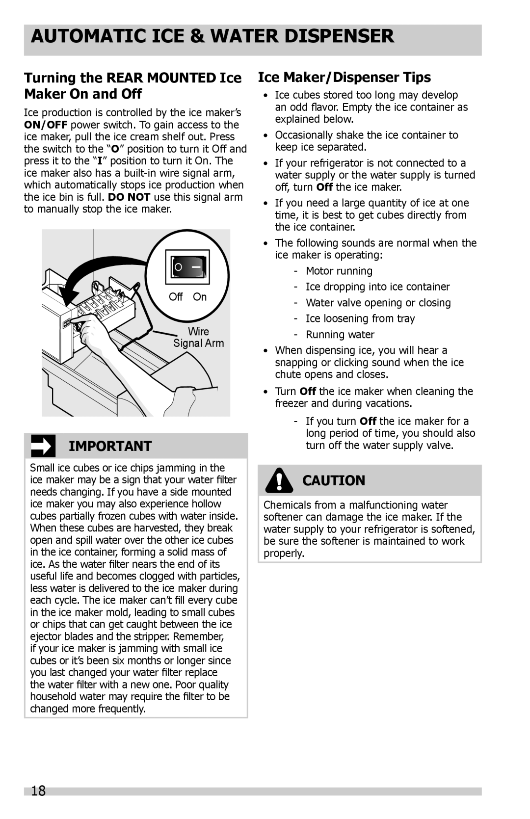 Frigidaire FGHS2355PF, 242288200, FGHC2331PF manual Turning the Rear Mounted Ice Maker On and Off, Ice Maker/Dispenser Tips 