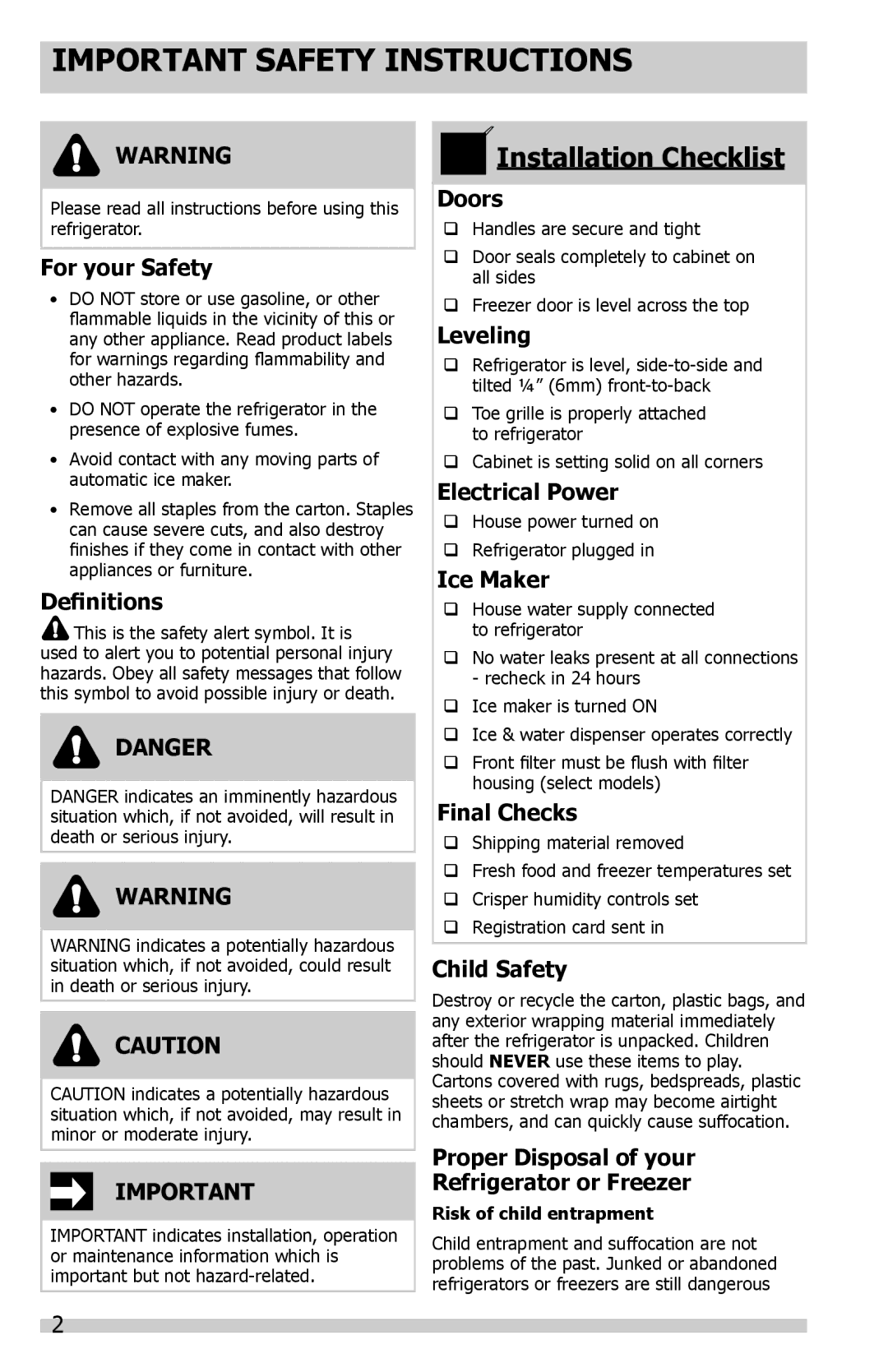 Frigidaire FGHC2331PF6, 242288200, FGHS2655PF, FGHC2331PF0, FGHS2631PF2, FGHS2631PE, FGHS2355PF Important Safety Instructions 