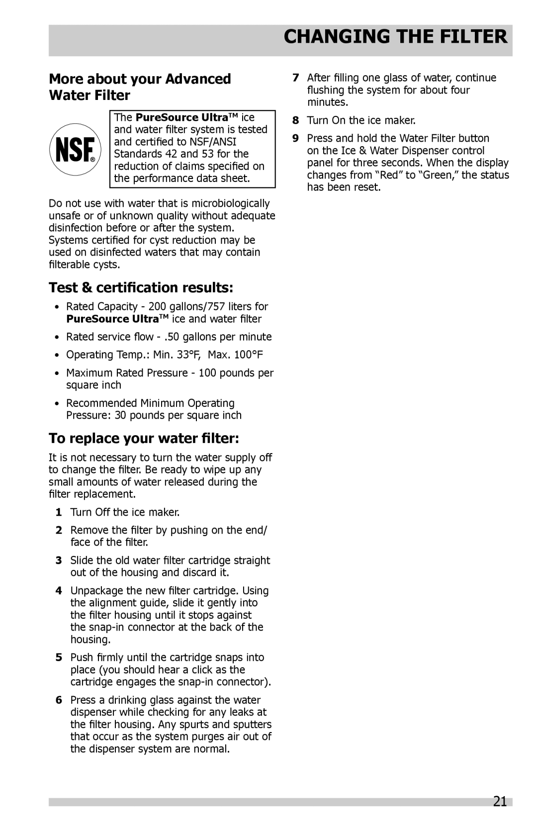 Frigidaire FGHC2331PF More about your Advanced Water Filter, Test & certification results, To replace your water filter 