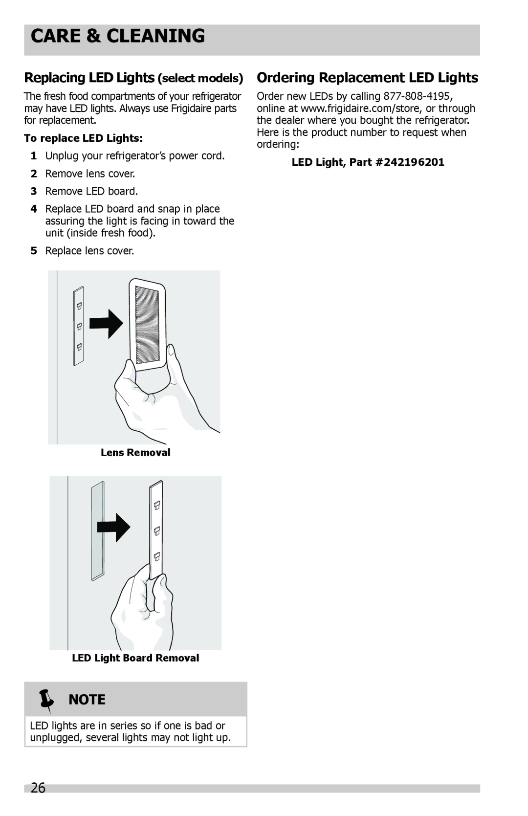 Frigidaire FGHS2631PF manual Replacing LED Lights select models, Ordering Replacement LED Lights, To replace LED Lights 