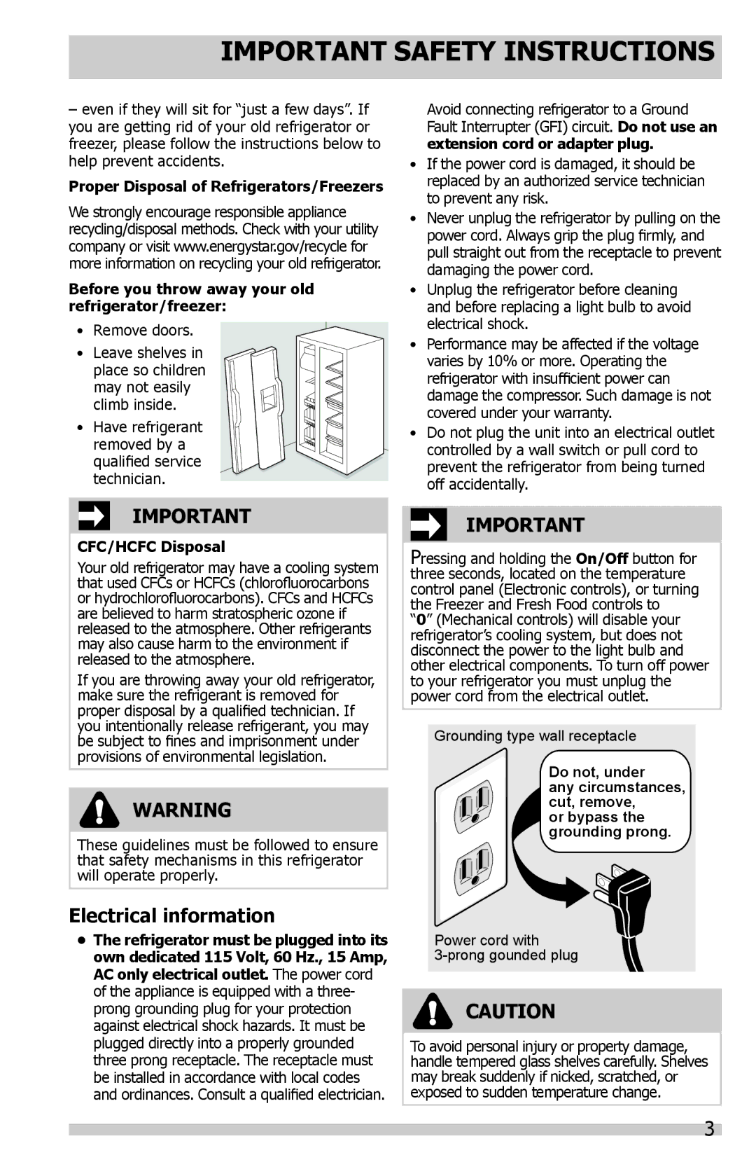 Frigidaire FGHS2655PF, 242288200, FGHC2331PF6, FGHC2331PF0, FGHS2631PF2 manual Electrical information, CFC/HCFC Disposal 