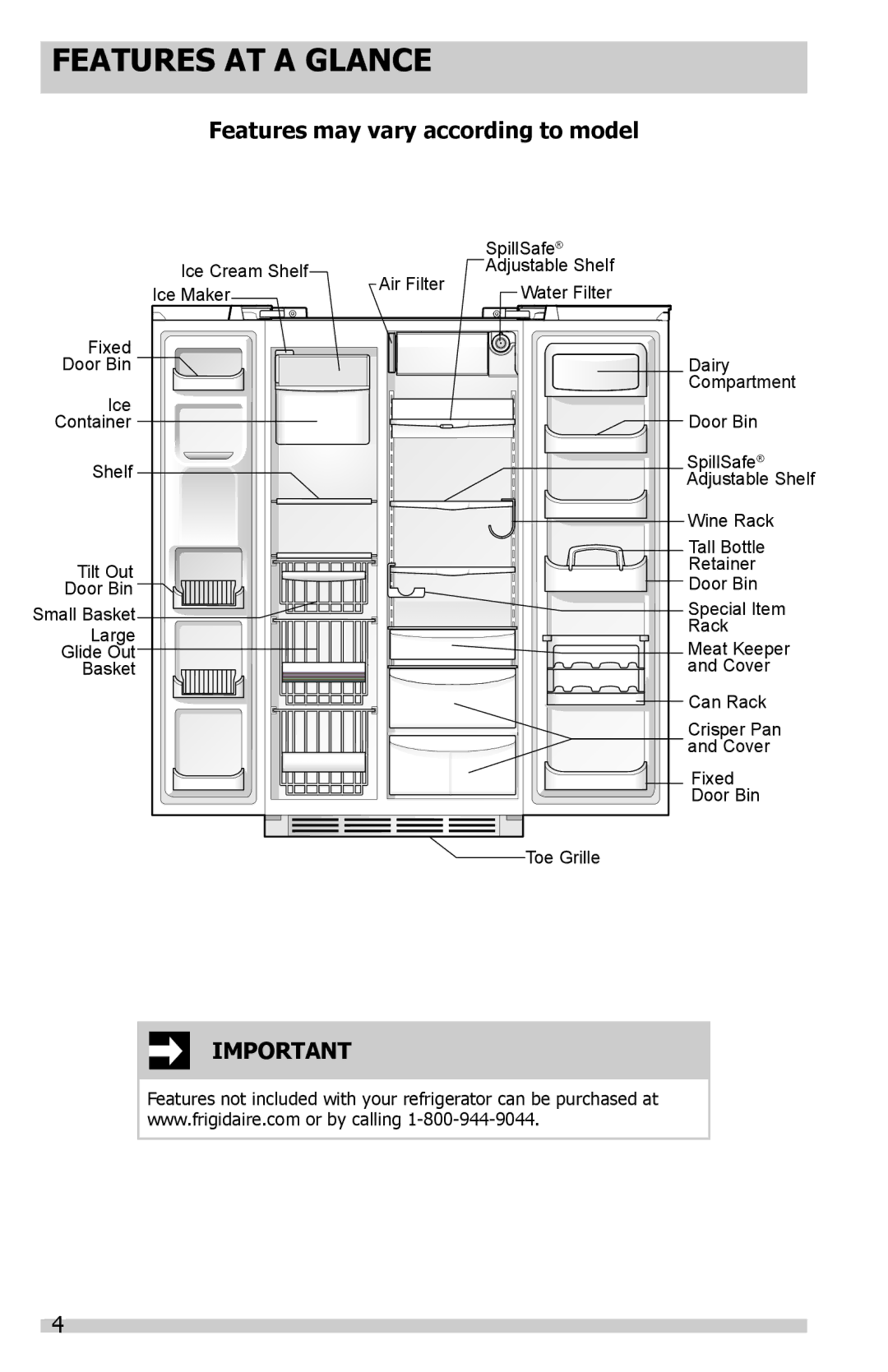 Frigidaire FGHC2331PF0, 242288200, FGHC2331PF6, FGHS2655PF manual Features AT a Glance, Features may vary according to model 