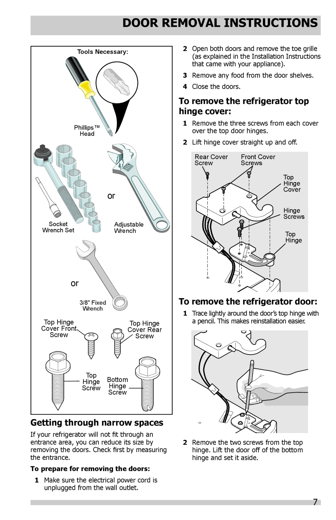 Frigidaire FGHS2631PE Door Removal Instructions, Getting through narrow spaces, To remove the refrigerator top hinge cover 