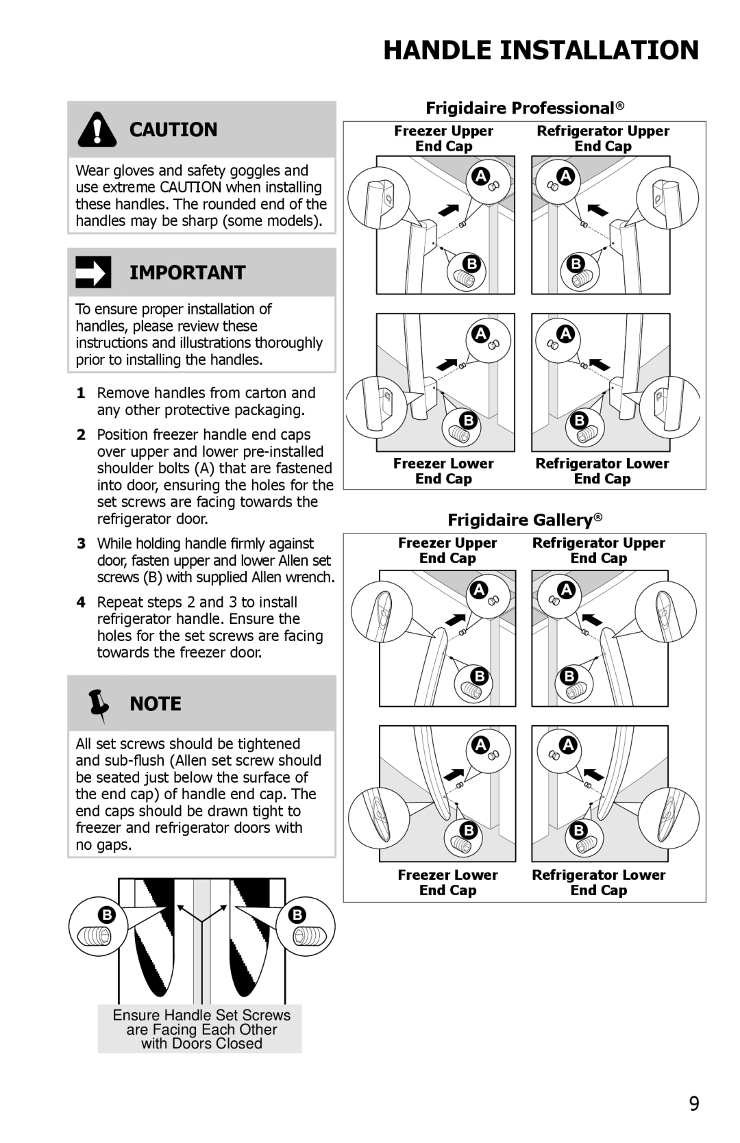 Frigidaire DGUS2645LF, 242288200, FGHC2331PF6, FGHS2655PF, FGHC2331PF0, FGHS2631PF2, FGHS2631PE manual Handle Installation 