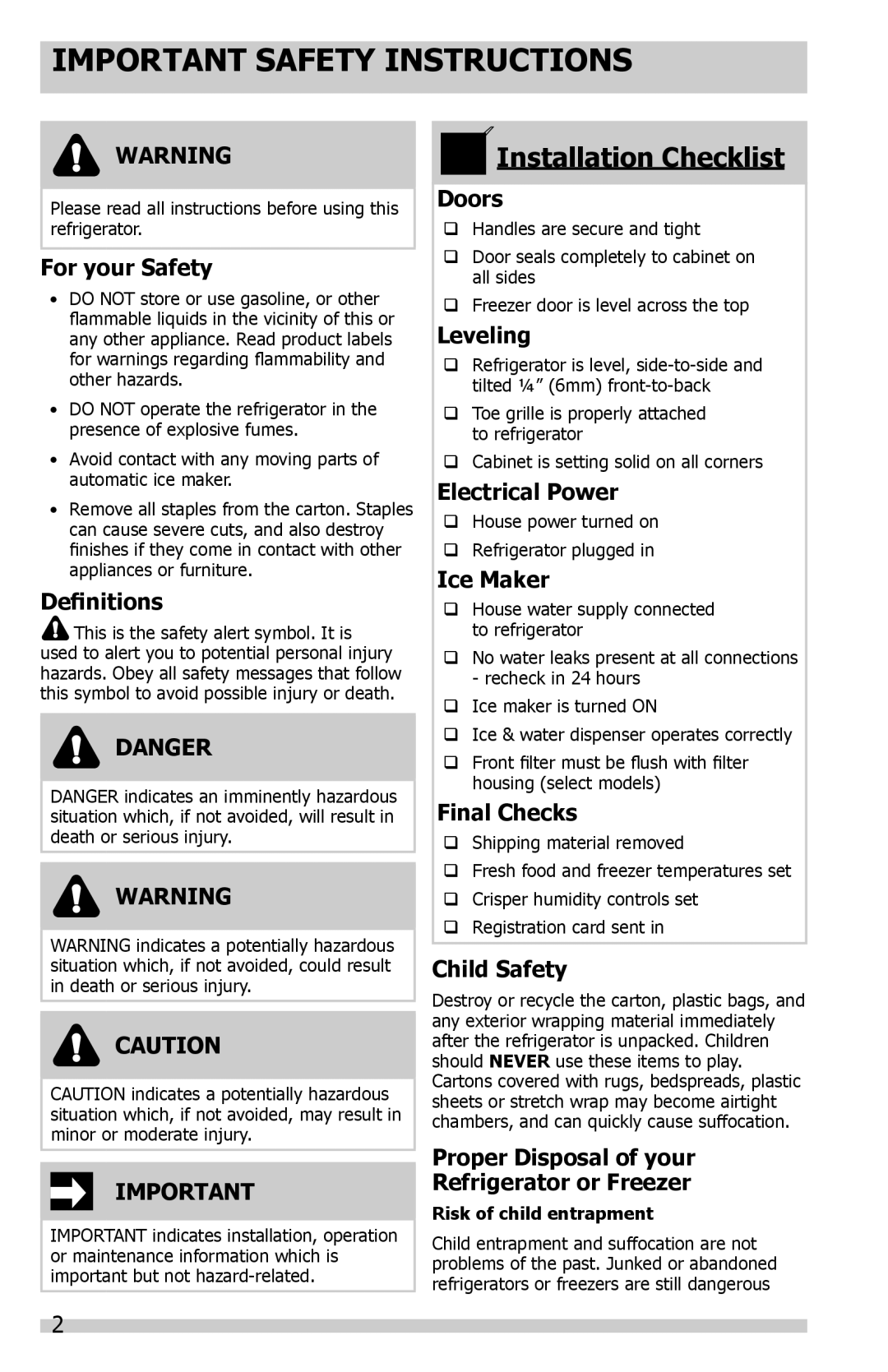 Frigidaire FGHC2331PF6 Important Safety Instructions, For your Safety, Definitions, Danger, Doors, Leveling, Ice Maker 
