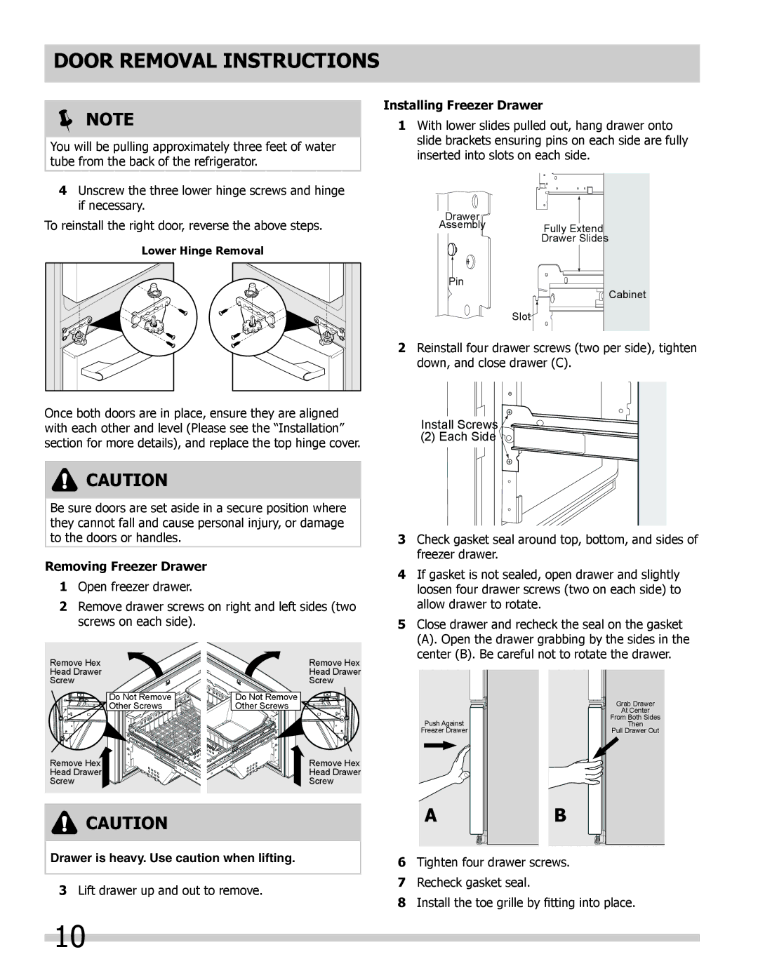 Frigidaire 242292000 manual Installing Freezer Drawer, Removing Freezer Drawer 