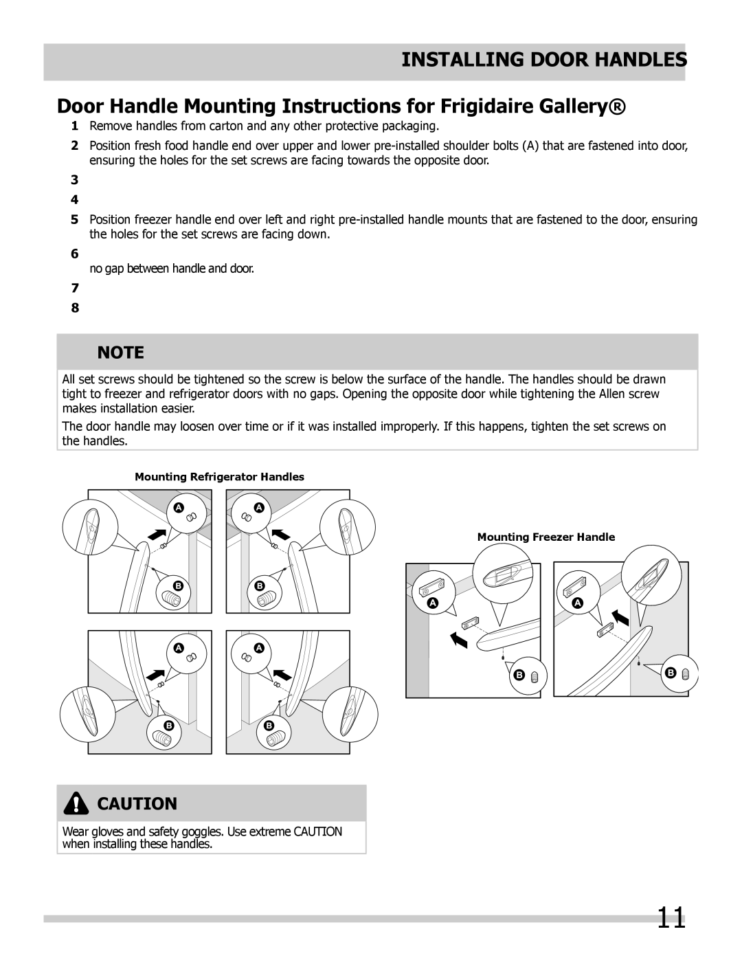 Frigidaire 242292000 manual Installing Door Handles, Door Handle Mounting Instructions for Frigidaire Gallery 