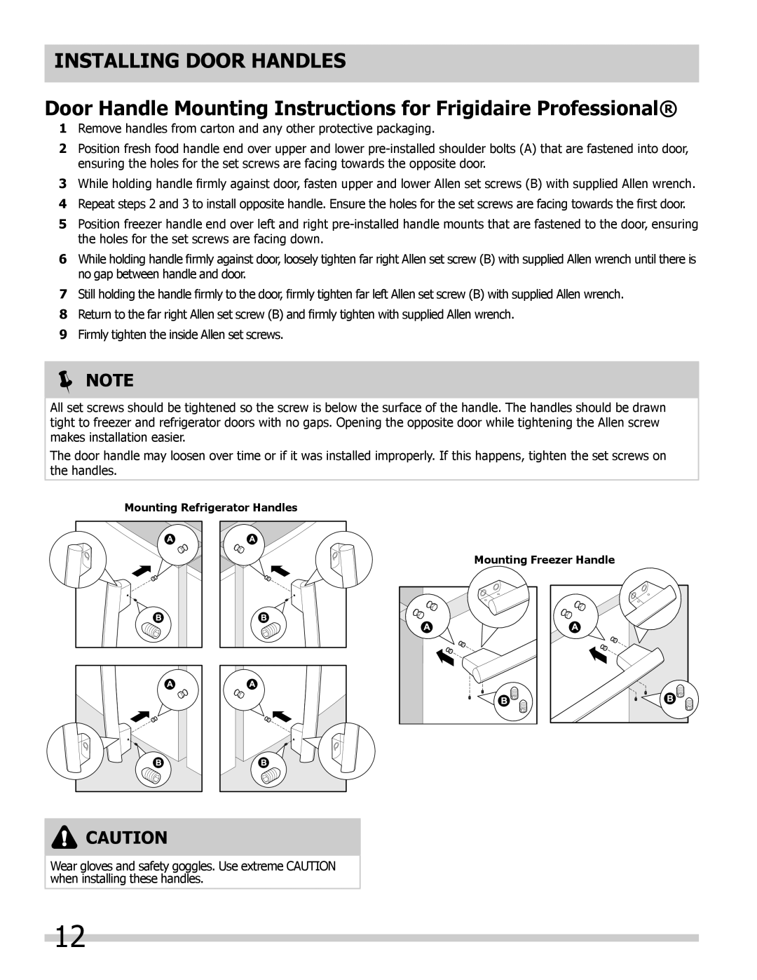 Frigidaire 242292000 manual Installing Door Handles 