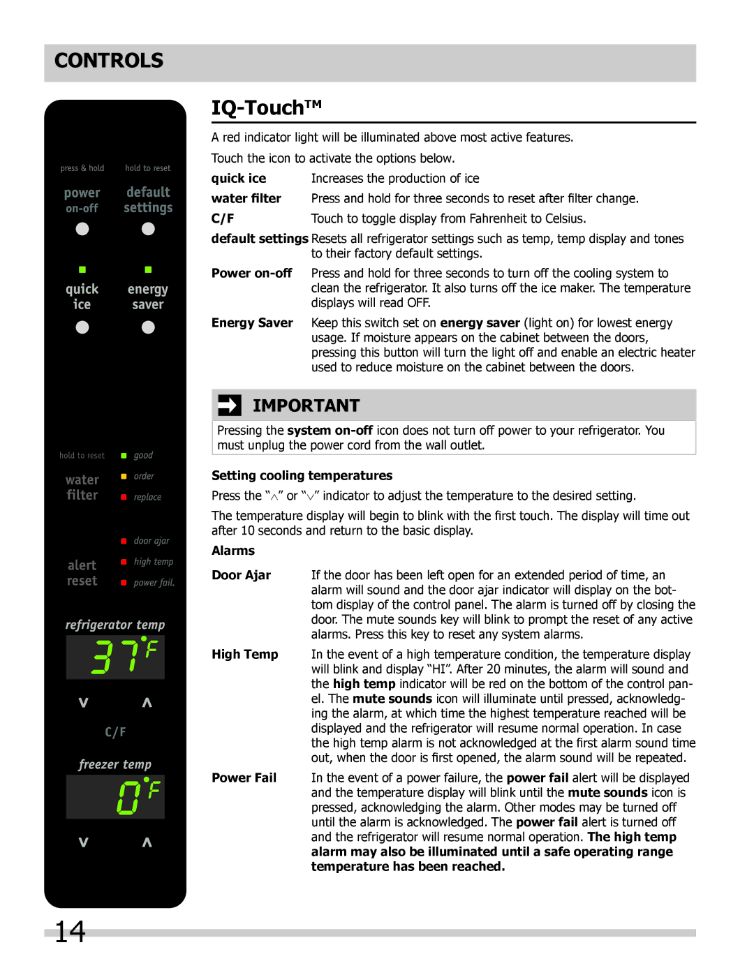 Frigidaire 242292000 manual Controls, IQ-TouchTM, Setting cooling temperatures, Alarms 