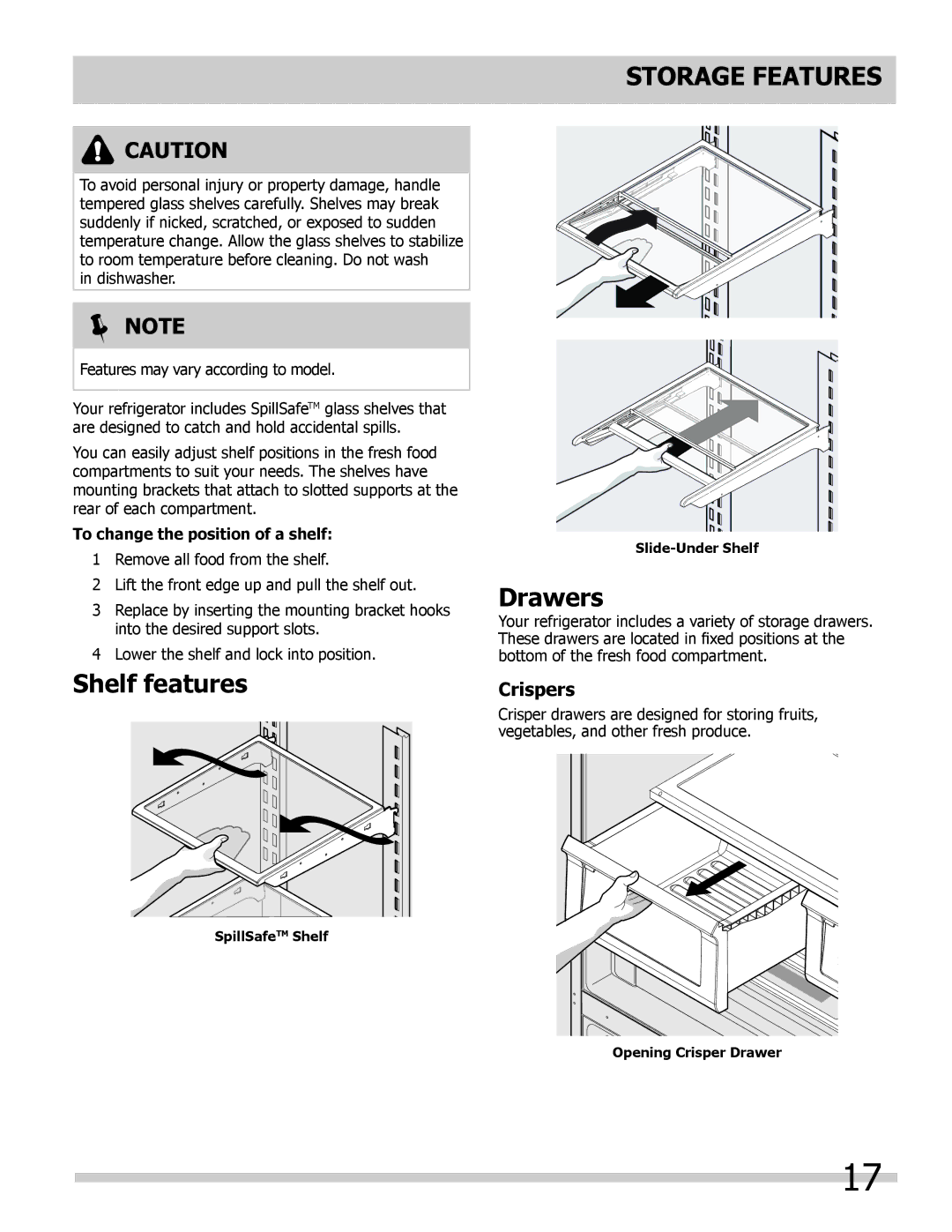 Frigidaire 242292000 manual Shelf features, Storage Features, Drawers, Crispers, To change the position of a shelf 