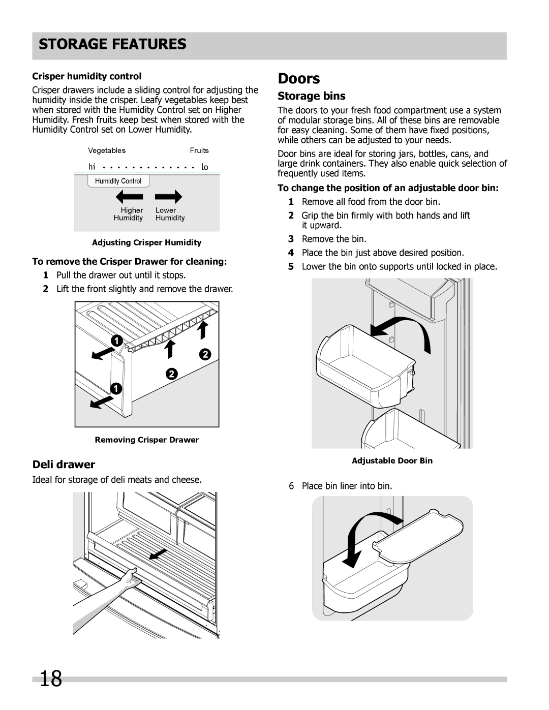 Frigidaire 242292000 manual Doors, Deli drawer, Storage bins 