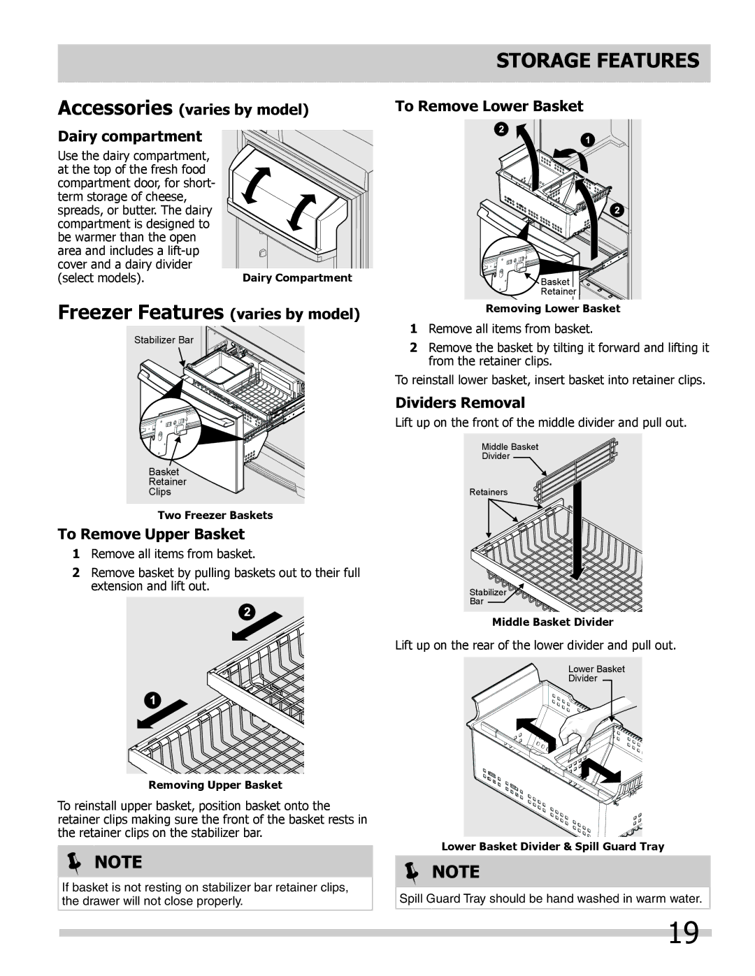 Frigidaire 242292000 Freezer Features varies by model, Accessories varies by model Dairy compartment, Dividers Removal 