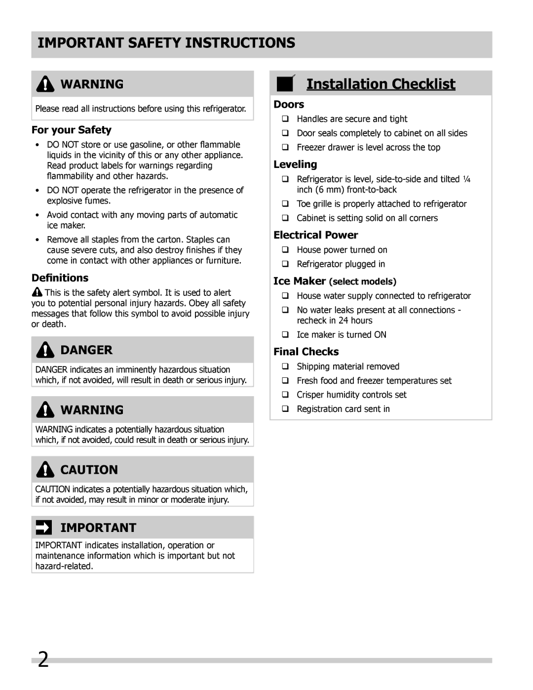 Frigidaire 242292000 manual Important Safety Instructions, Installation Checklist 