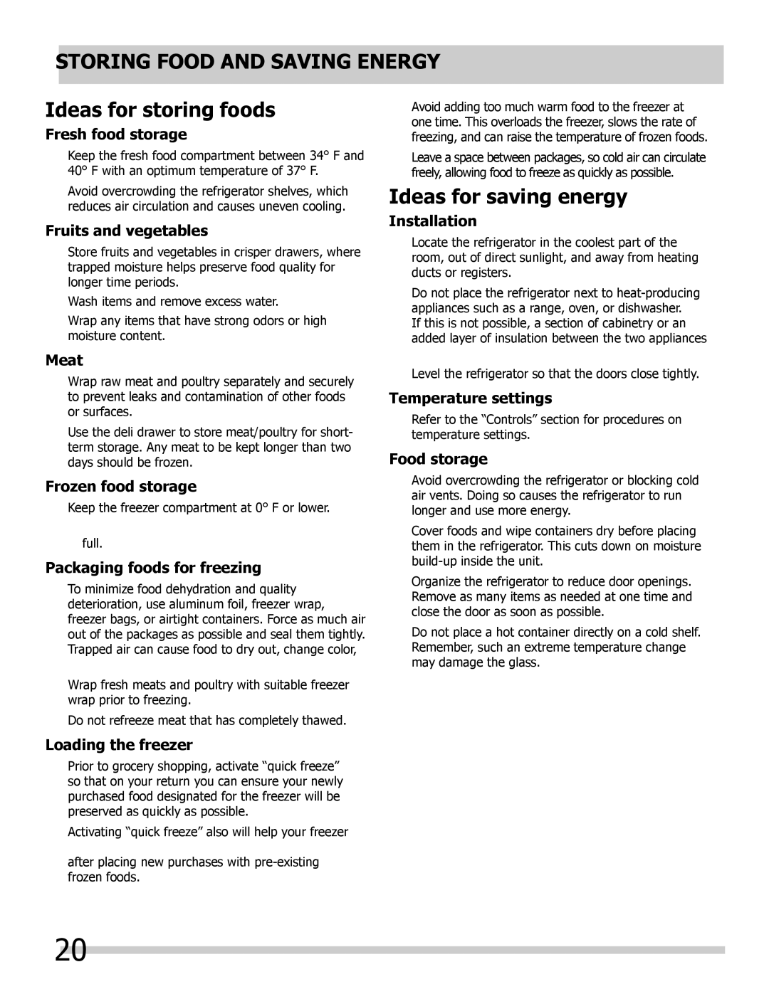 Frigidaire 242292000 manual Storing Food and Saving Energy, Ideas for storing foods, Ideas for saving energy 