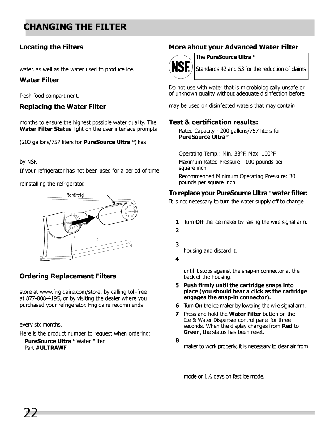 Frigidaire 242292000 manual Changing the Filter 