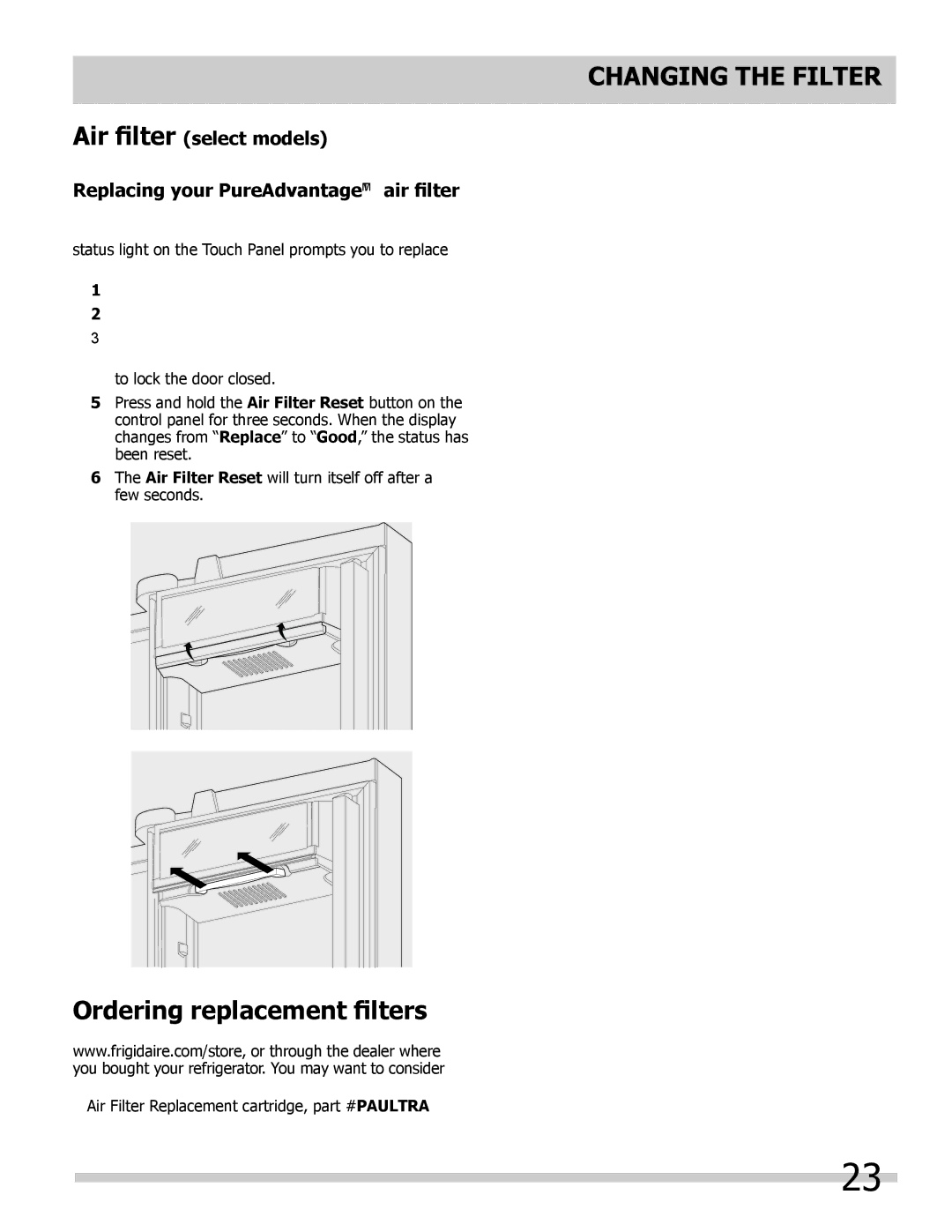 Frigidaire 242292000 Ordering replacement filters, Air filter select models, Replacing your PureAdvantageTM air filter 