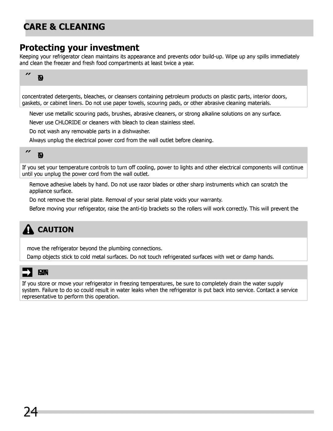 Frigidaire 242292000 manual Care & Cleaning, Protecting your investment 