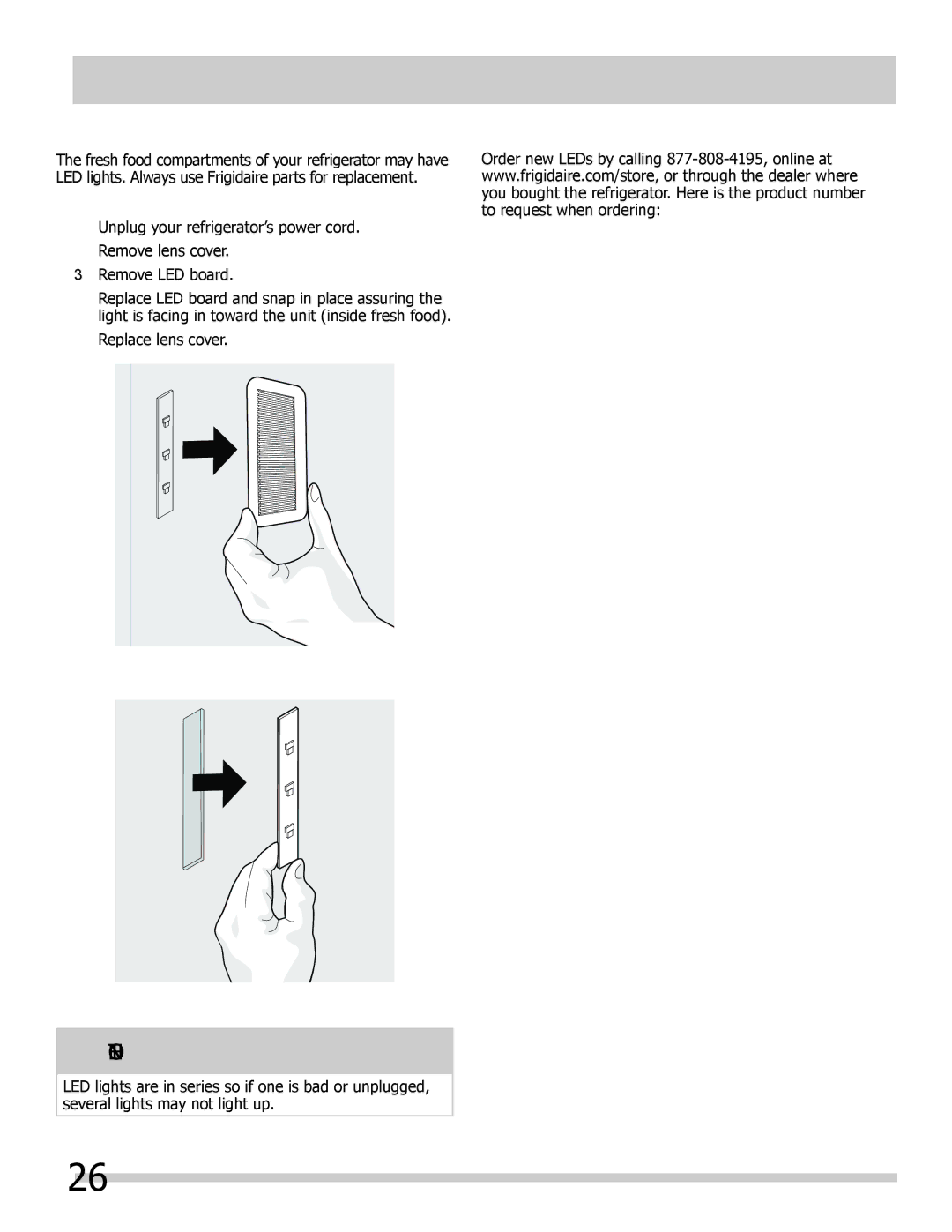 Frigidaire 242292000 manual Replacing LED Lights select models, To replace LED Lights, Ordering Replacement LED Lights 