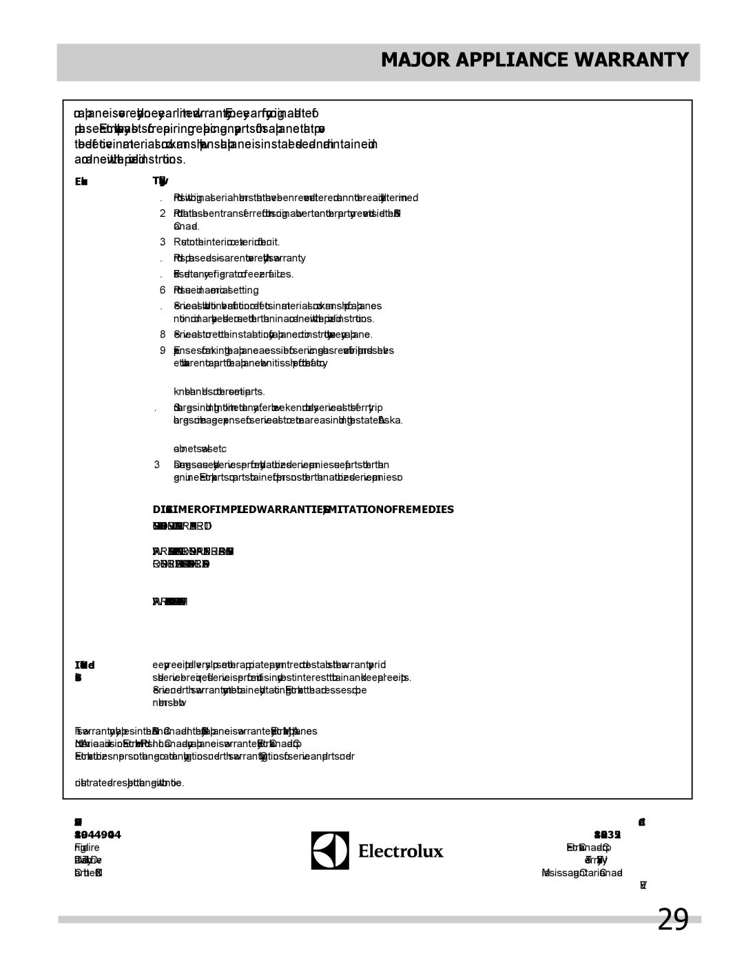 Frigidaire 242292000 manual Major Appliance Warranty, Exclusions 