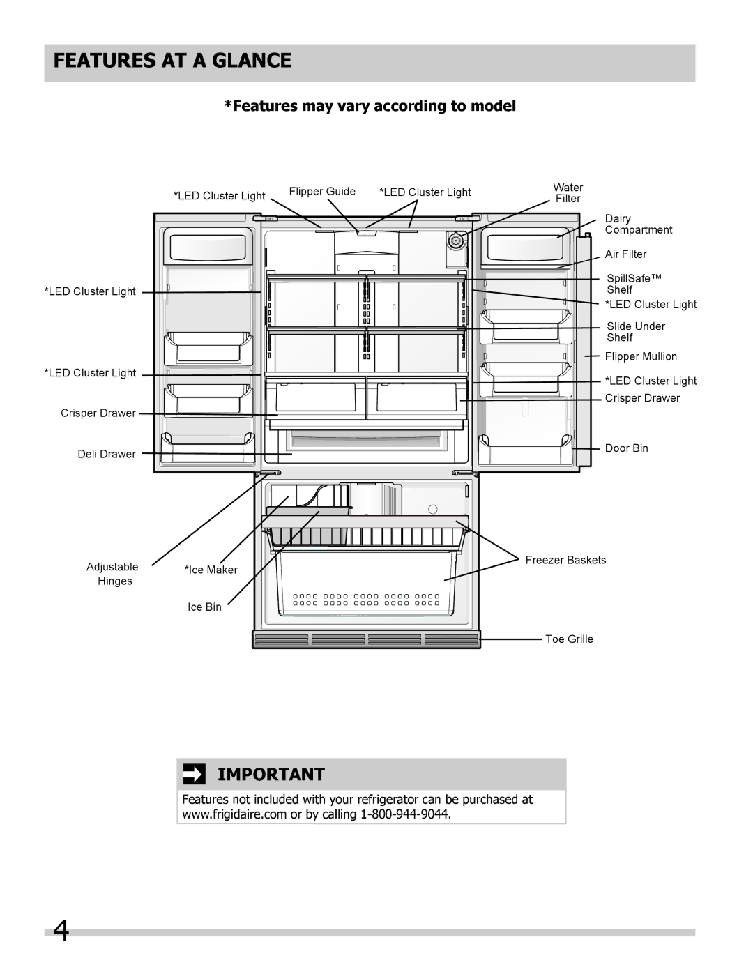 Frigidaire 242292000 manual Features AT a Glance, Features may vary according to model 