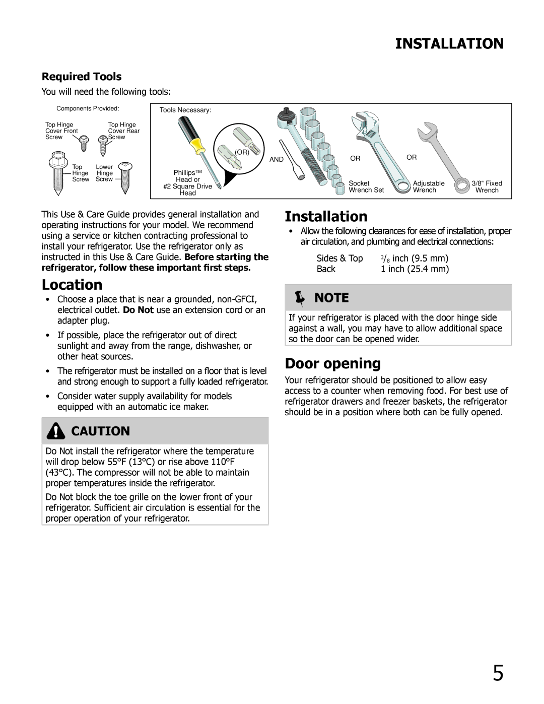 Frigidaire 242292000 manual Installation, Location, Door opening, Required Tools 