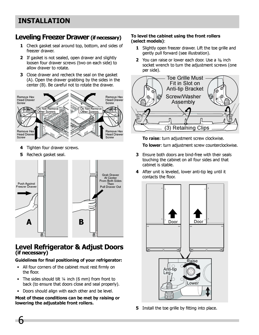 Frigidaire 242292000 manual Level Refrigerator & Adjust Doors, If necessary 