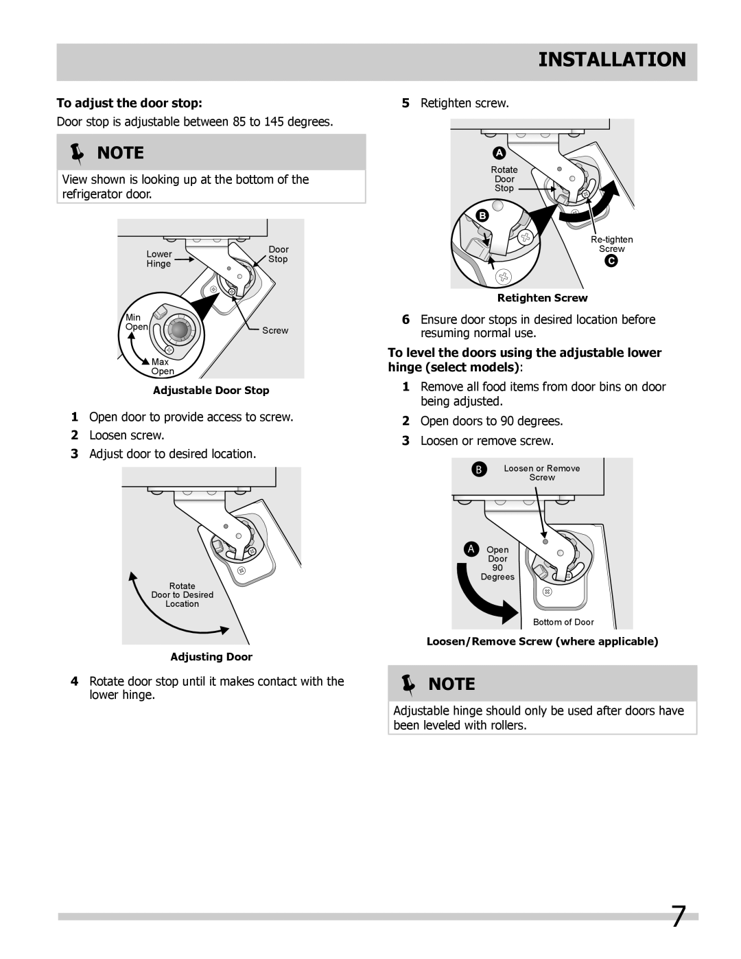 Frigidaire 242292000 manual To adjust the door stop 