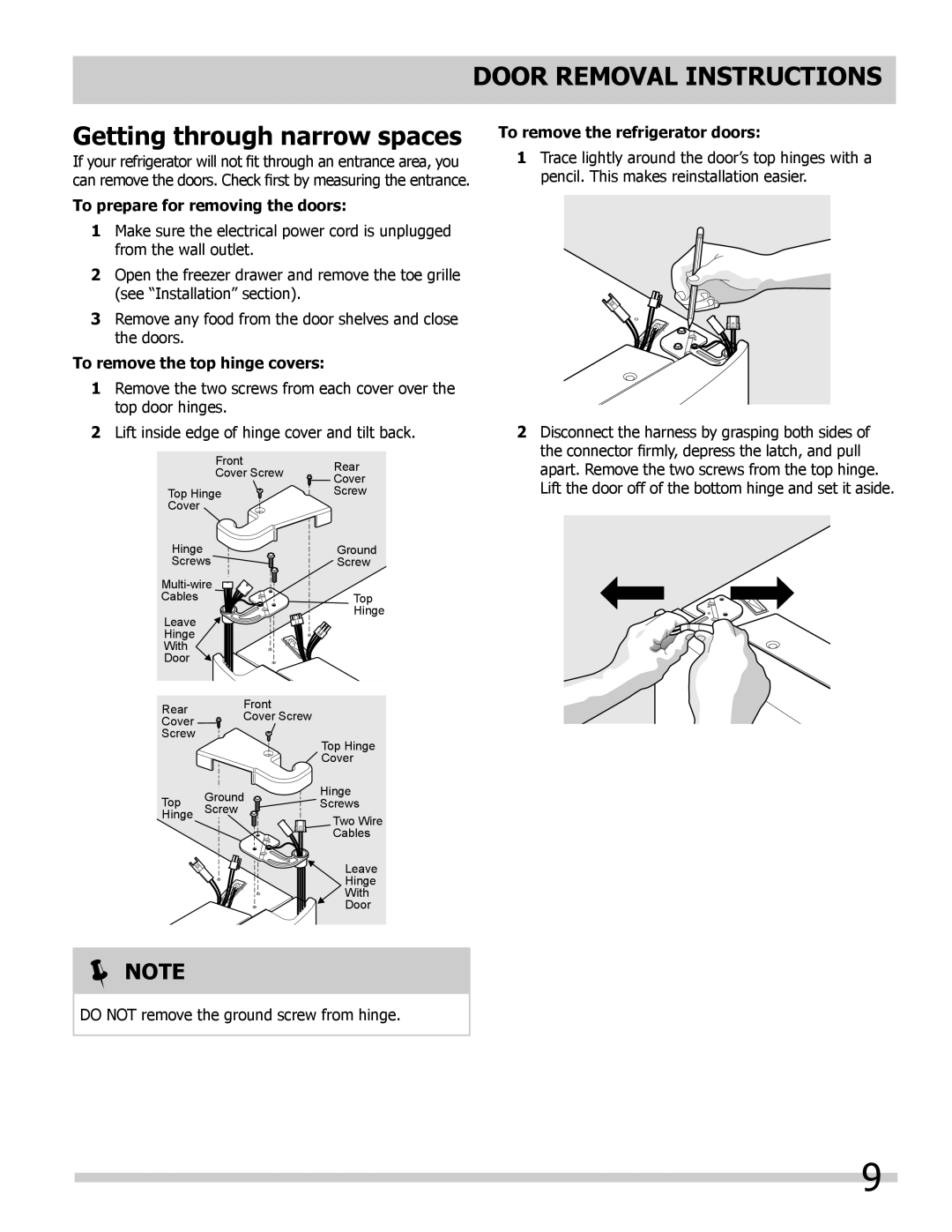 Frigidaire 242292000 manual Door Removal Instructions, Getting through narrow spaces, To prepare for removing the doors 