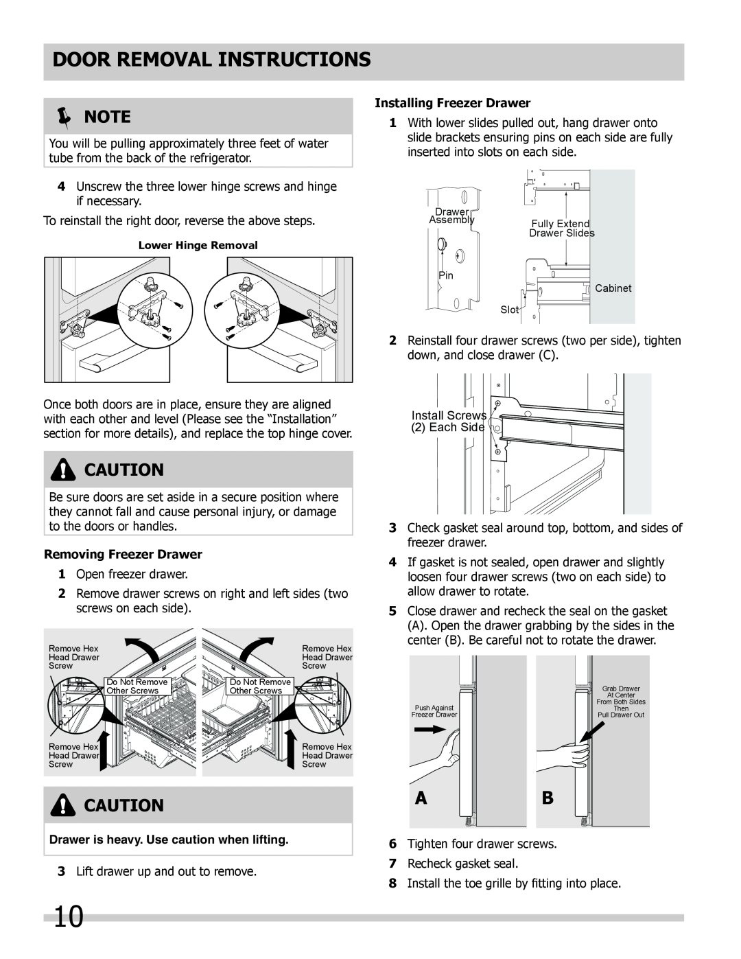 Frigidaire 242292000 manual Install Screws 2 Each Side, Door Removal Instructions,  Note 