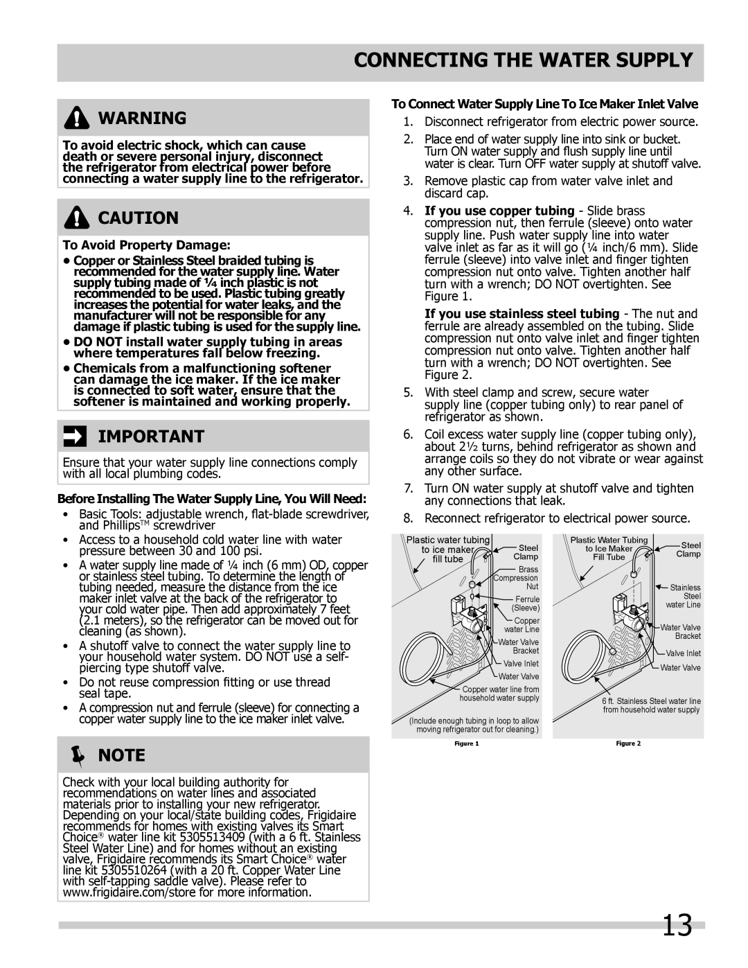 Frigidaire 242292000 manual Connecting The Water Supply, Note 