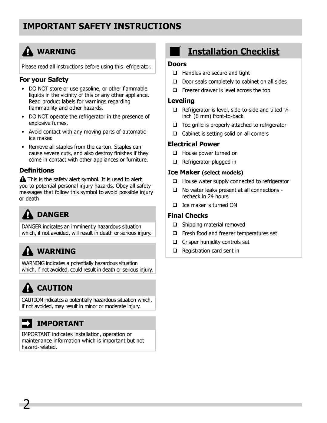 Frigidaire 242292000 Important Safety Instructions, Installation Checklist, Danger, For your Safety, Definitions, Doors 