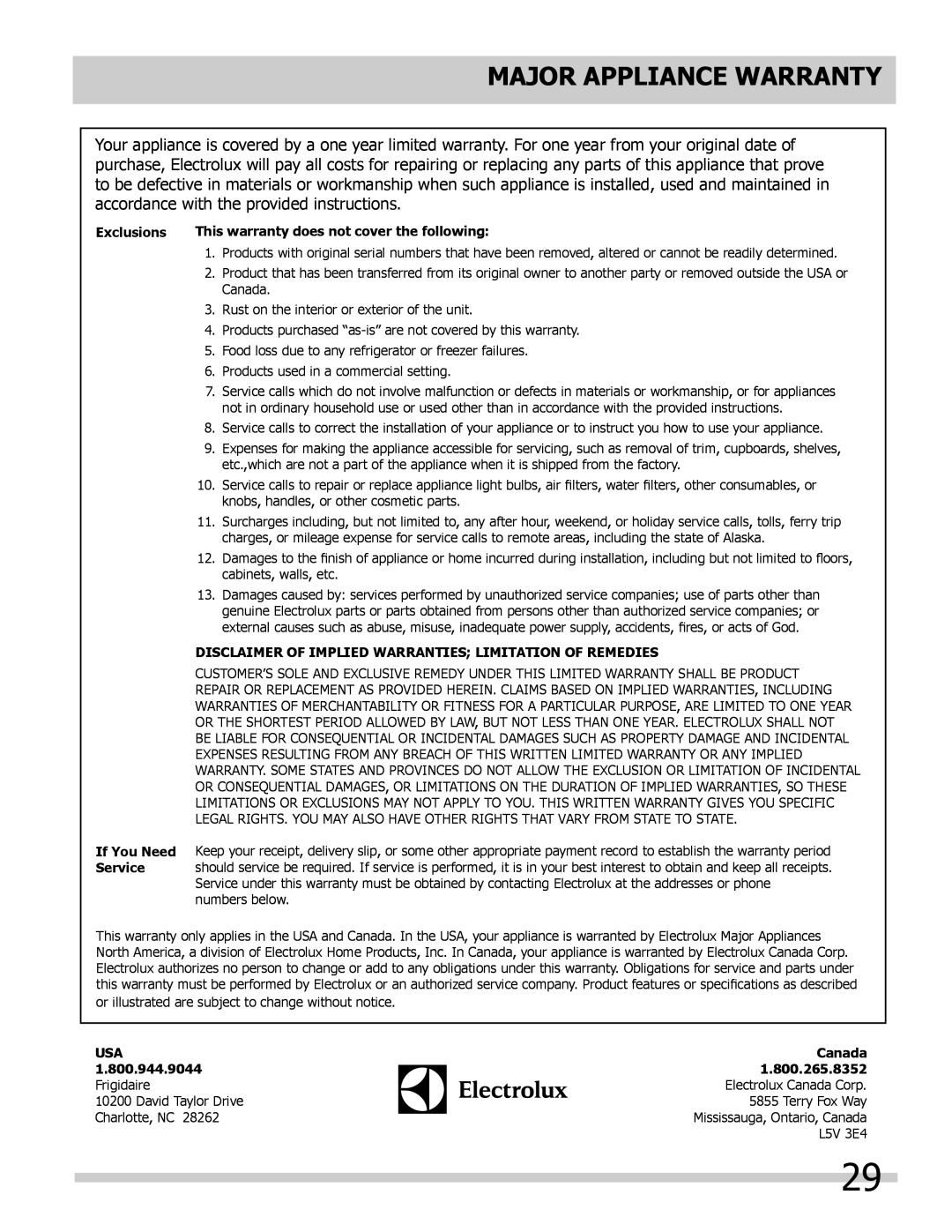 Frigidaire 242292000 Major Appliance Warranty, Exclusions, Disclaimer Of Implied Warranties Limitation Of Remedies, Canada 