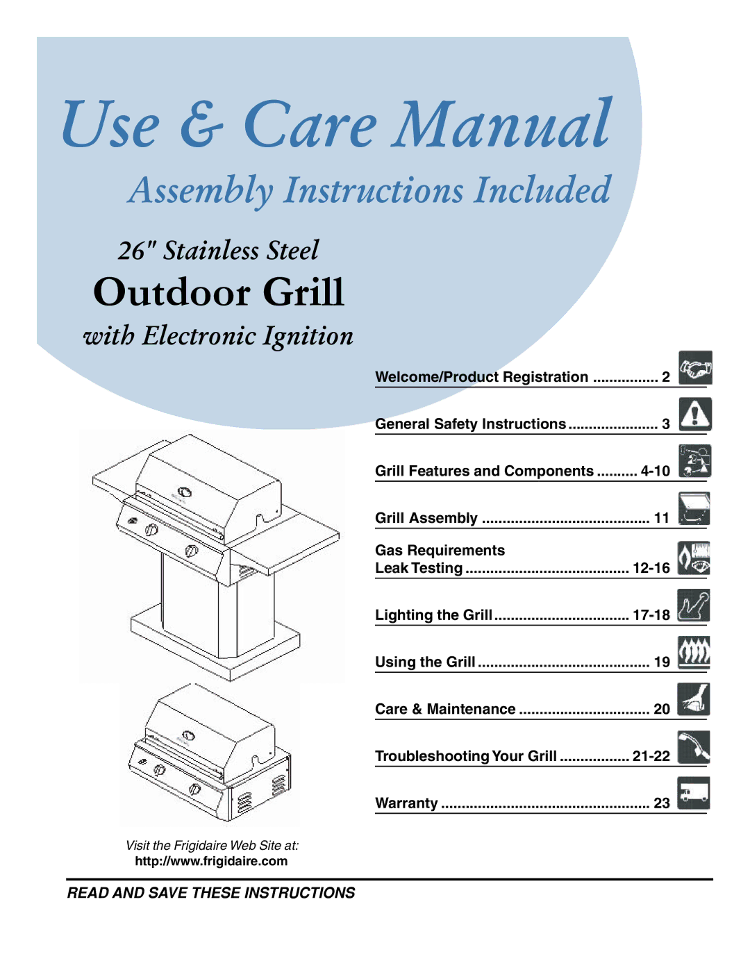 Frigidaire 26 Stainless Steel Outdoor Grill warranty Use & Care Manual 