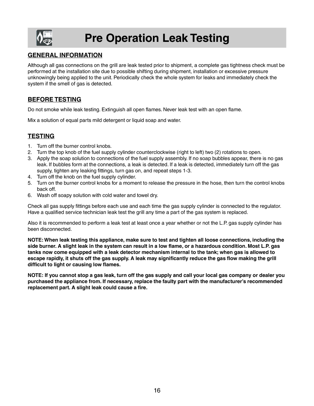 Frigidaire 26 Stainless Steel Outdoor Grill warranty Pre Operation Leak Testing, Before Testing 